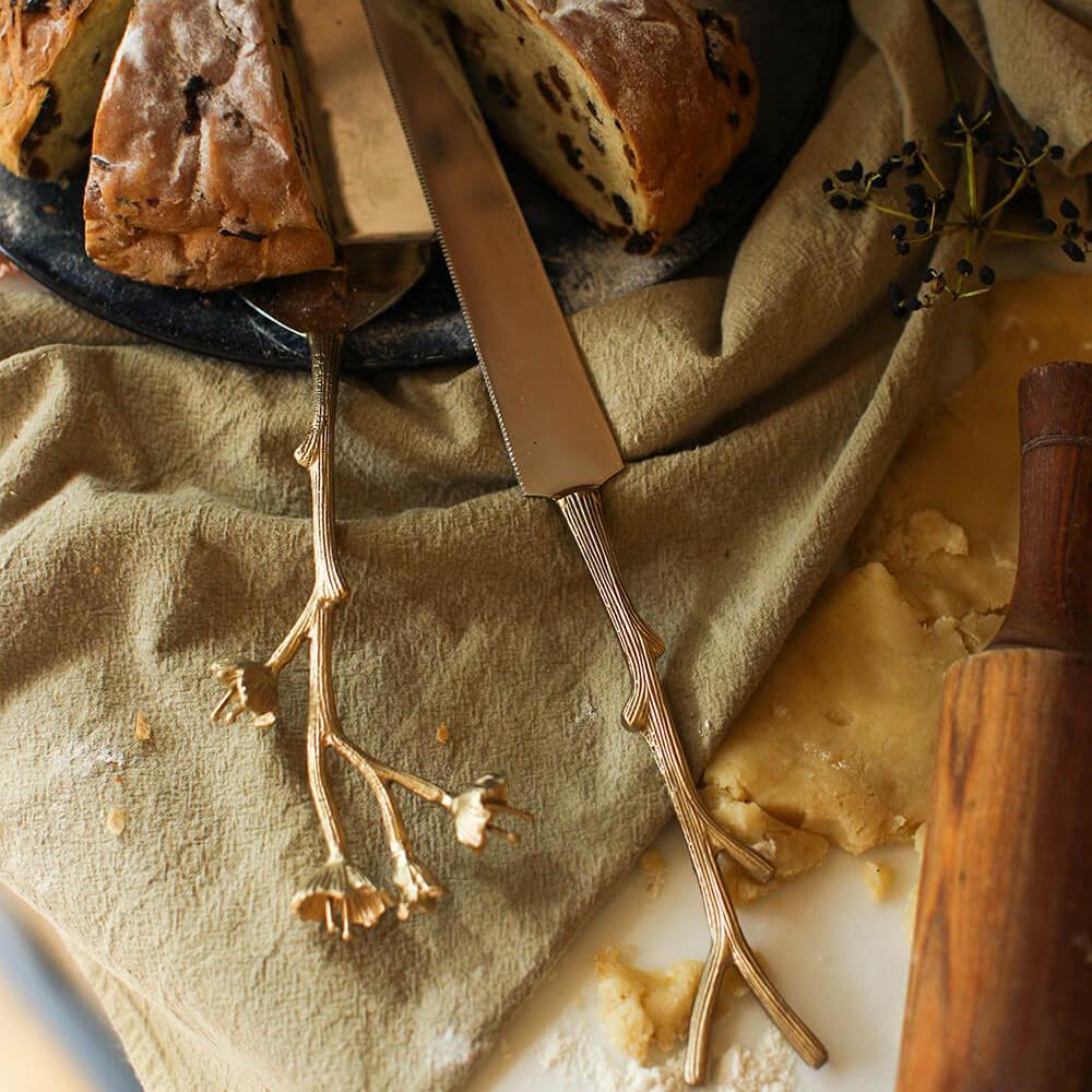 greige Recycled Brass Blossom Cake Serving Set