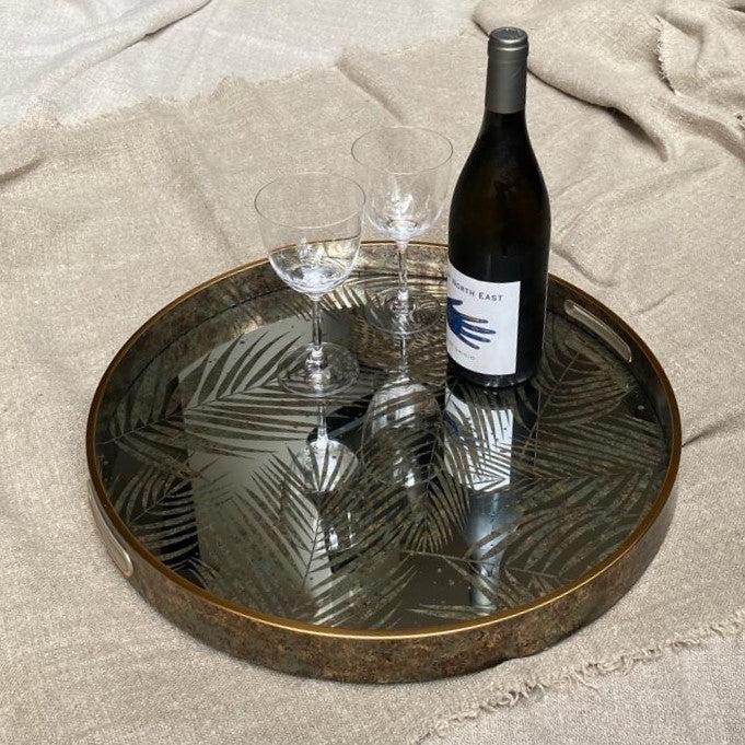 Greige Round Fern Leaf Mirrored Tray - 44.5cm