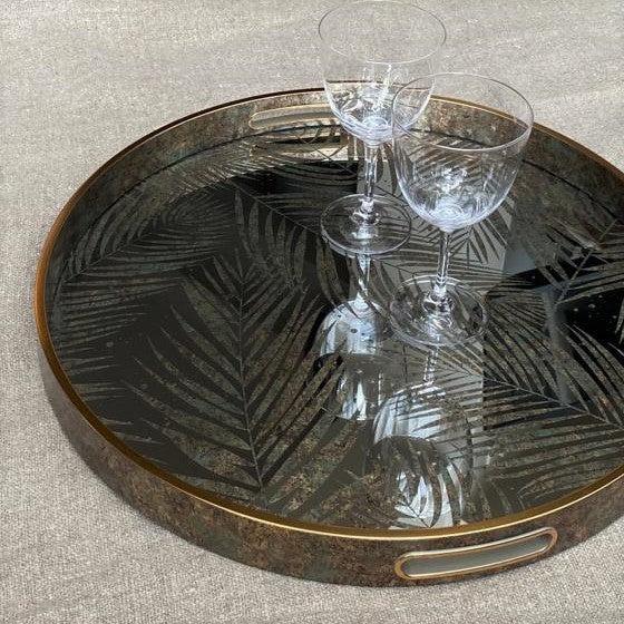 Greige Round Fern Leaf Mirrored Tray - 44.5cm