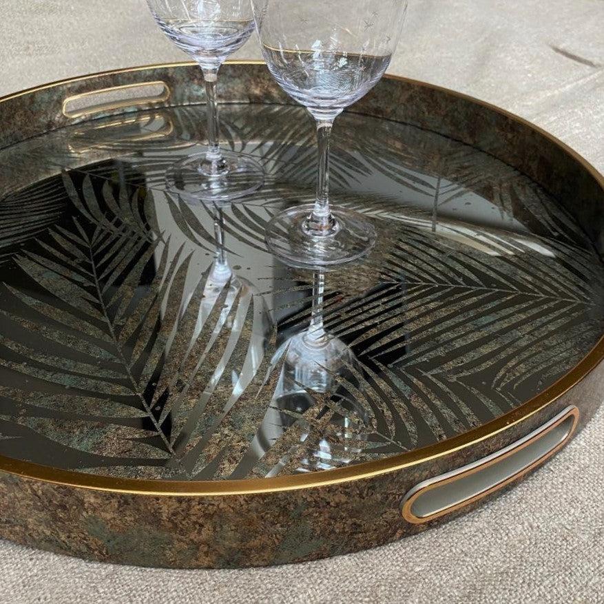 greige Round Fern Leaf Mirrored Tray - 44.5cm