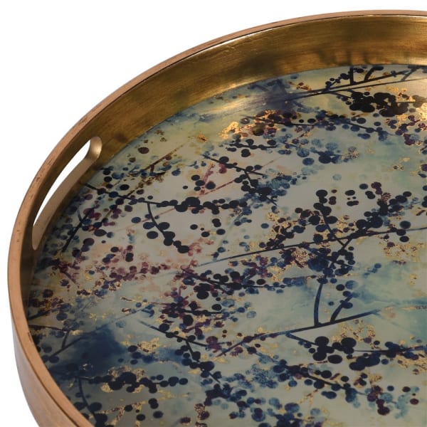 Greige Round Gold Blossom Mirrored Tray