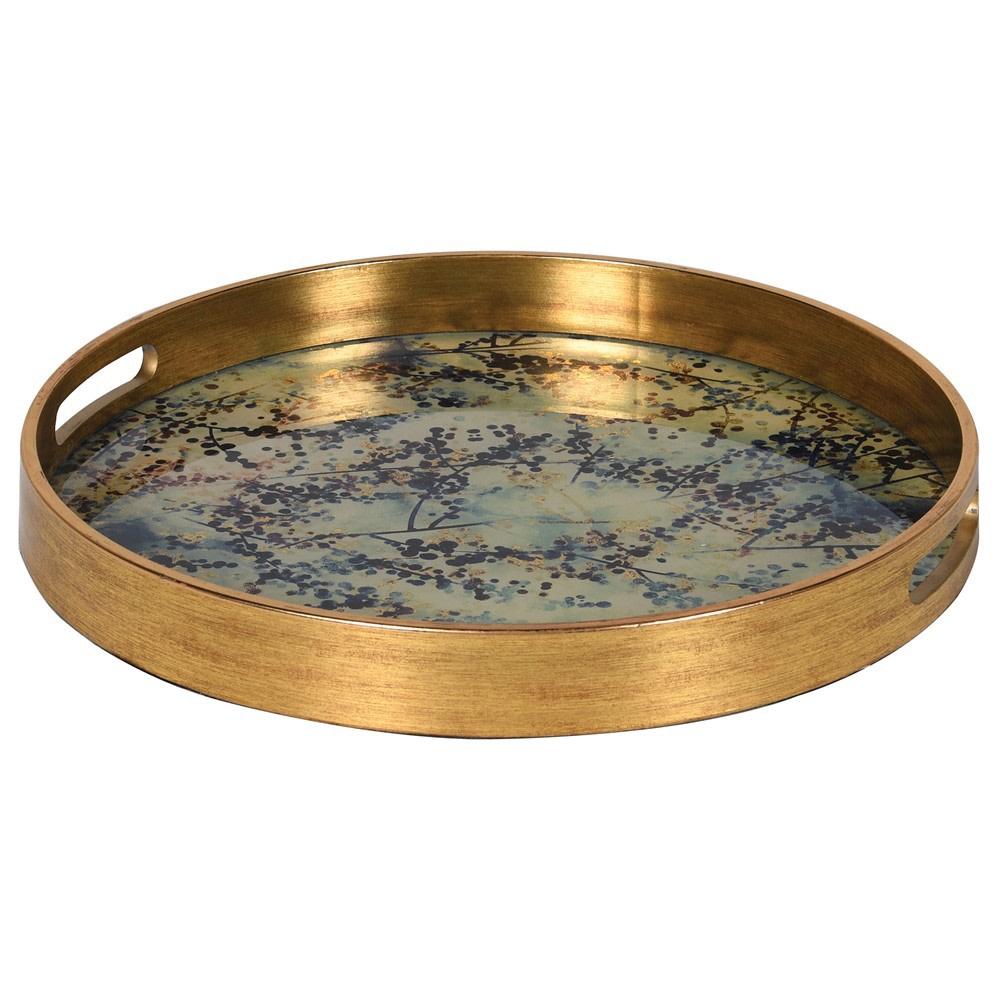 greige Round Gold Blossom Mirrored Tray