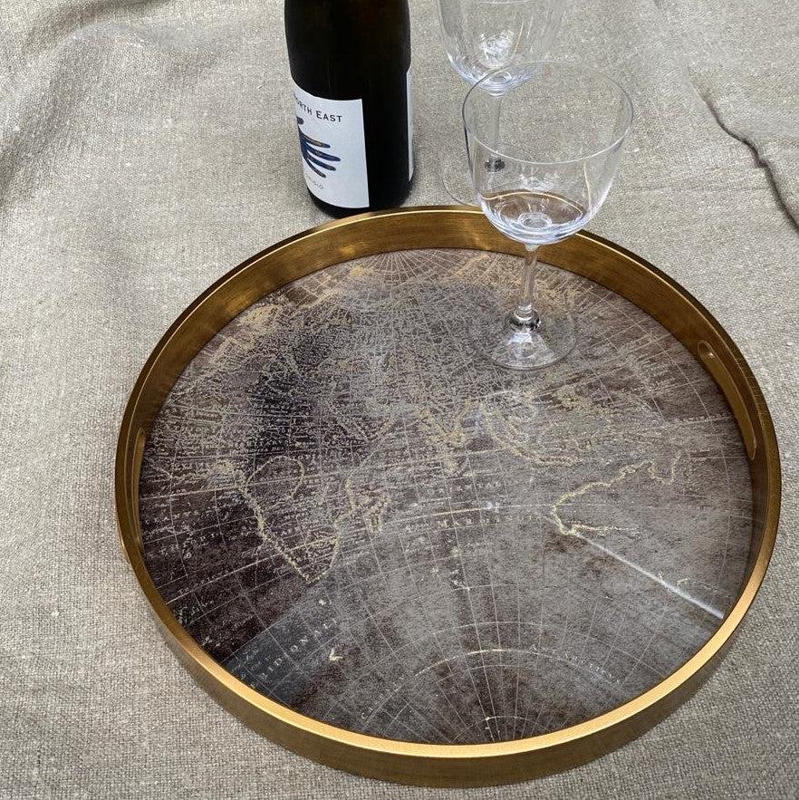 Greige Round Gold World Map Mirrored Tray