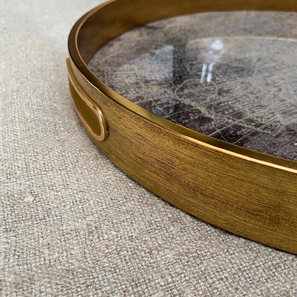 Greige Round Gold World Map Mirrored Tray