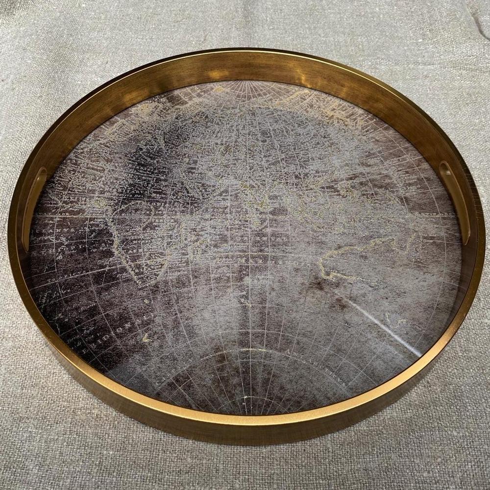 greige Round Gold World Map Mirrored Tray