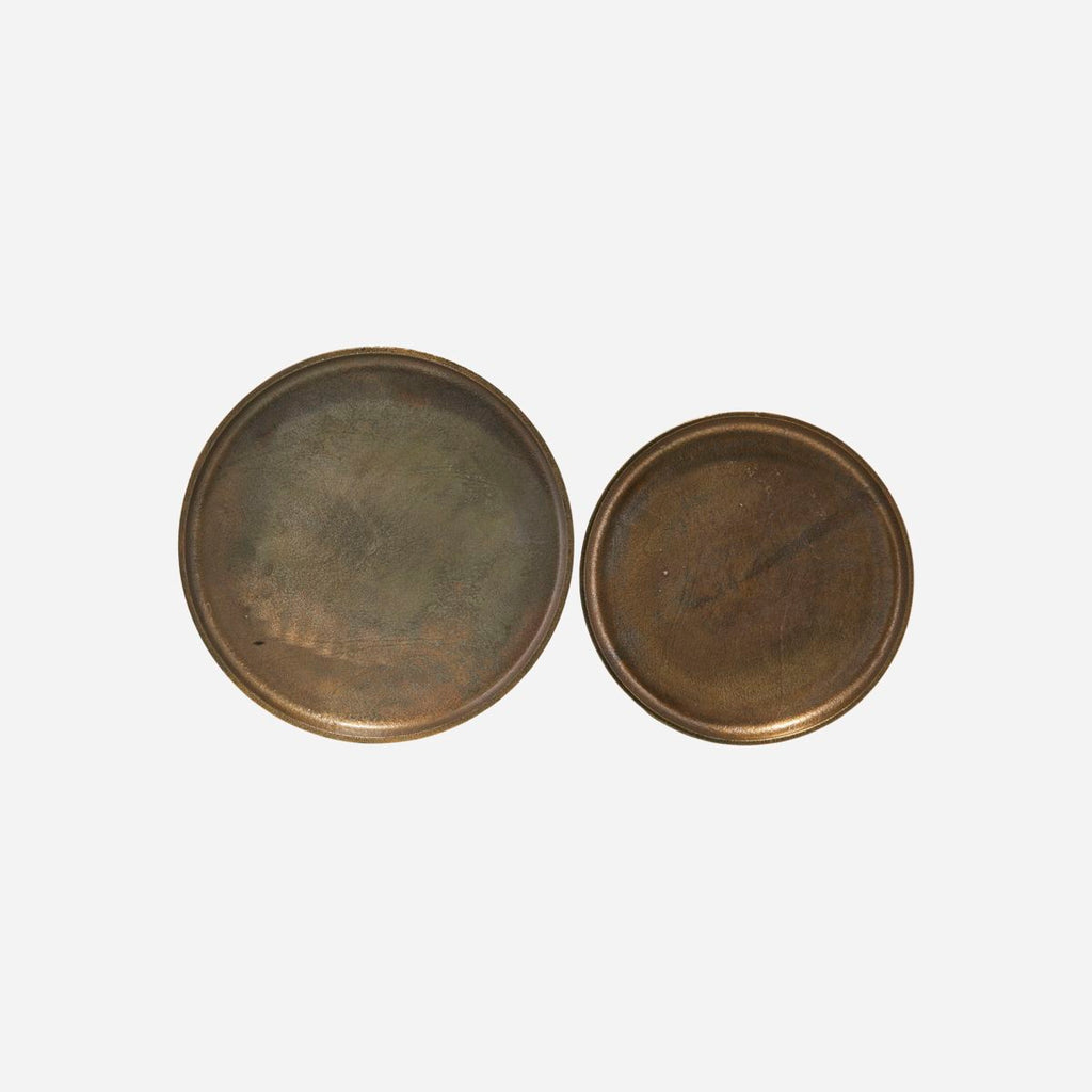 Greige Round Rustic Antique Brass Tray - Set Of Two