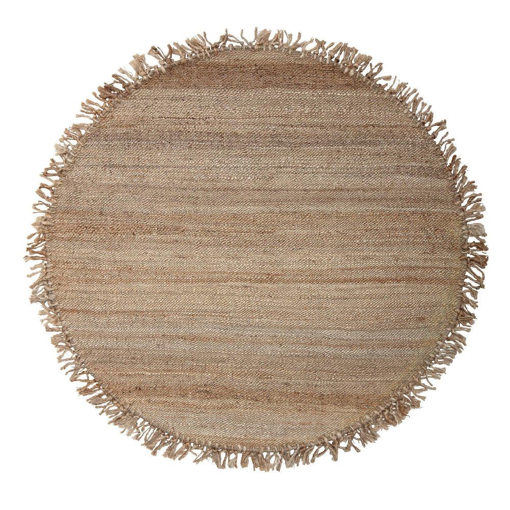greige Round Woven Jute Rug with Fringe