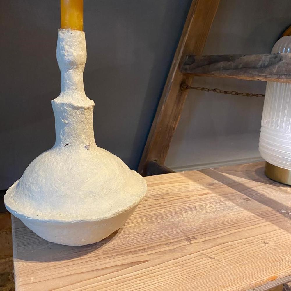 Greige Rustic Papier Mache Candlestick - Emilia
