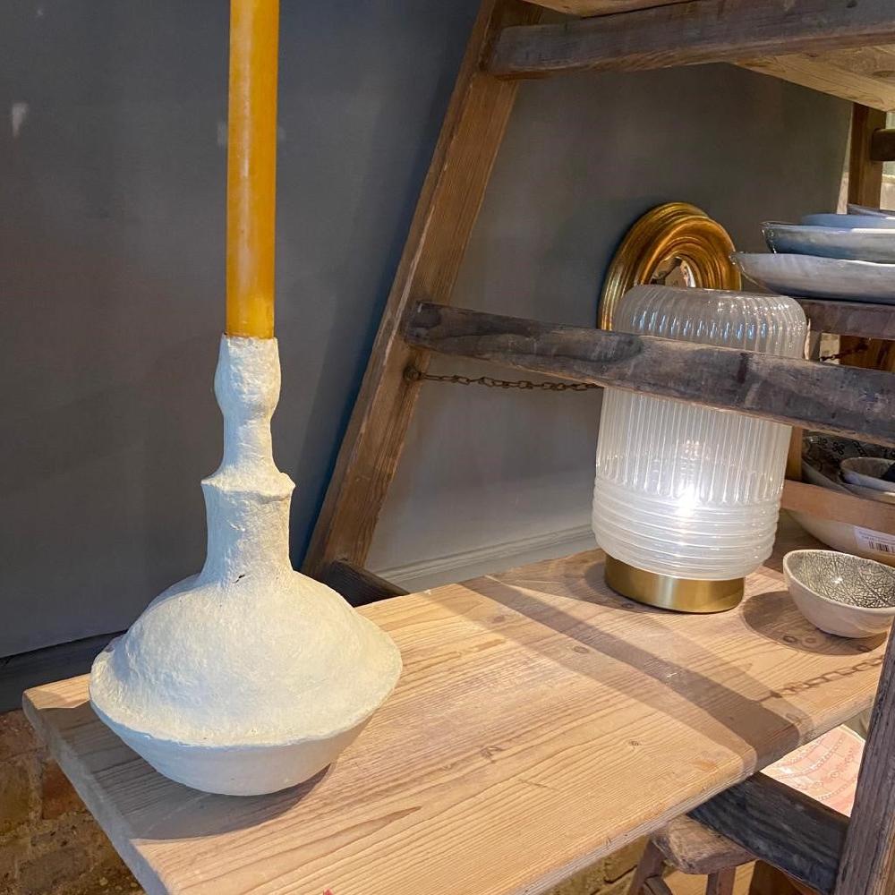 greige Rustic Papier Mache Candlestick - Emilia