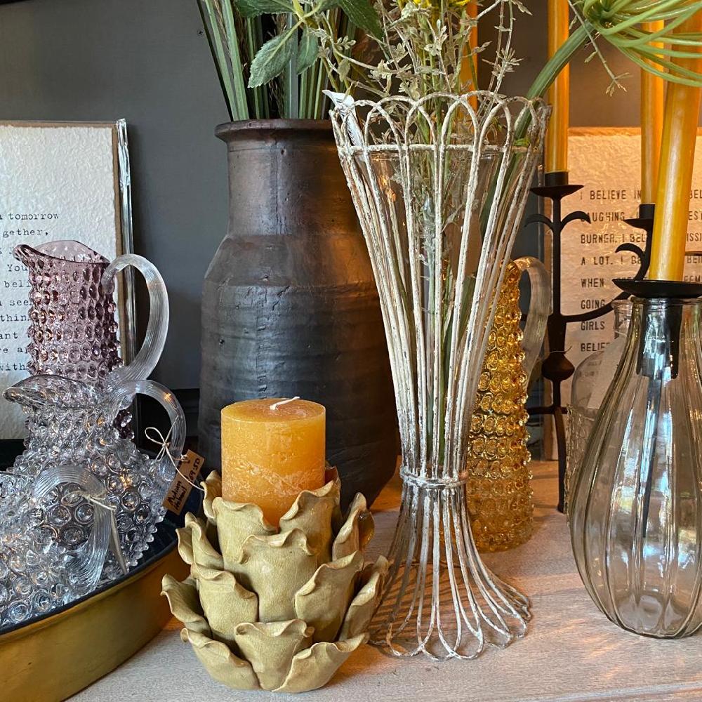Greige Rustic Tall Wire And Glass Vase - Two Styles