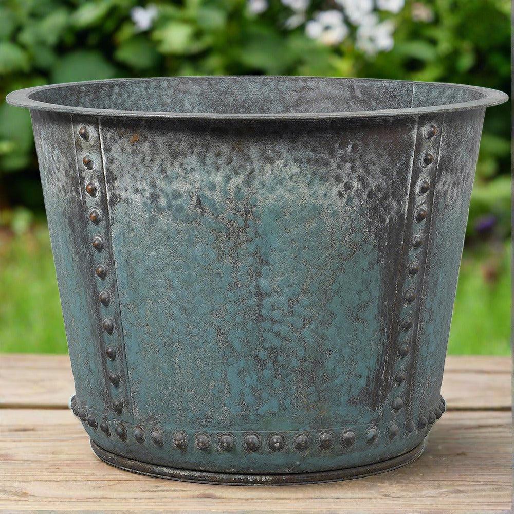 Greige Rustic Verdigris Studded Iron Planter - Large