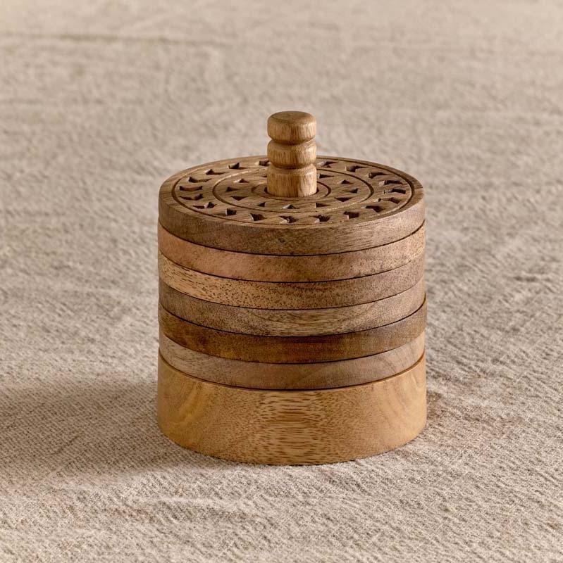 Greige Set Of Six Etched Mango Wood Coasters