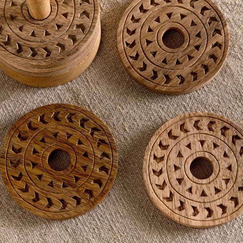 Greige Set Of Six Etched Mango Wood Coasters