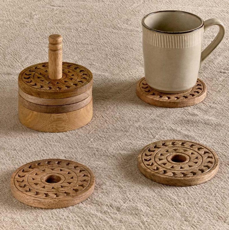 greige Set of Six Etched Mango Wood Coasters