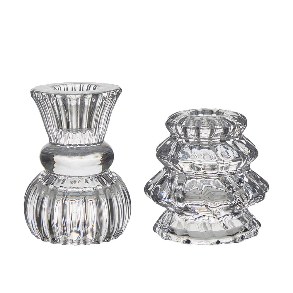 greige Set of Six Small Glass Candlesticks