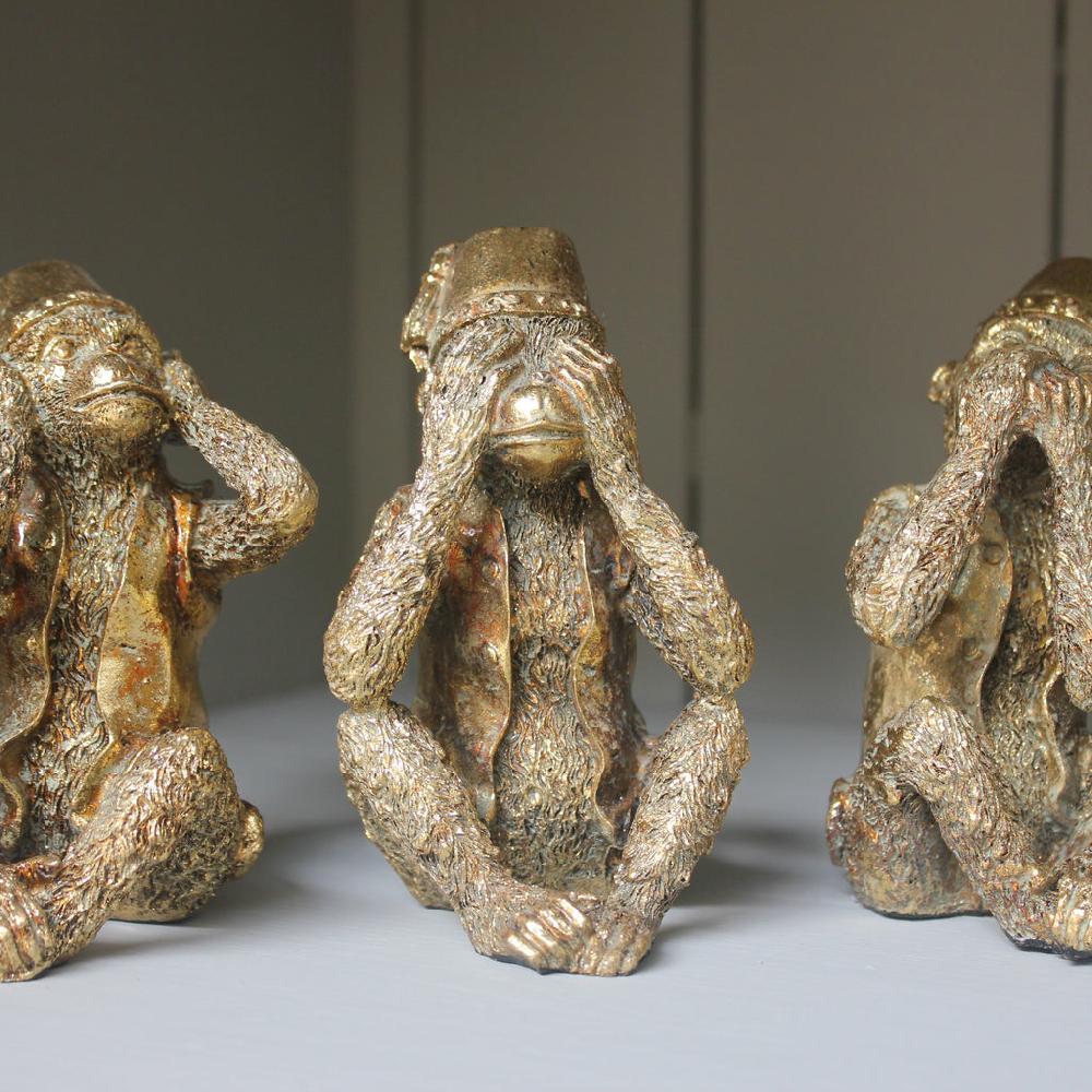Greige Set Of Three Antiqued Gold No Evil Monkeys