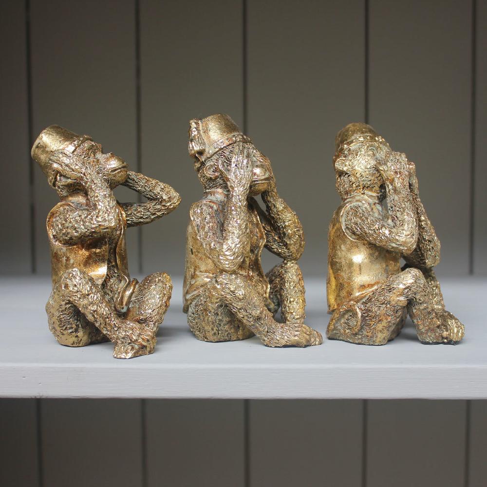 Greige Set Of Three Antiqued Gold No Evil Monkeys