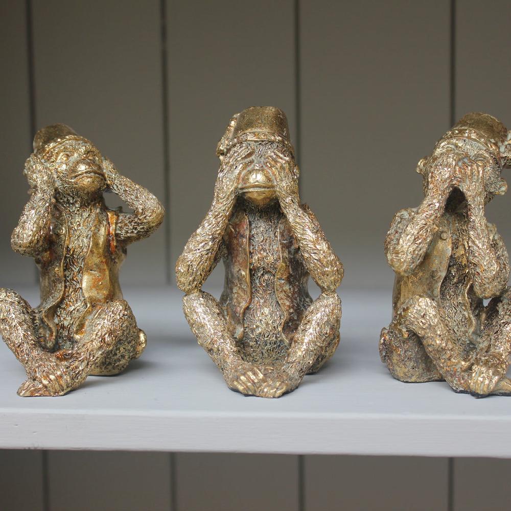 Greige Set Of Three Antiqued Gold No Evil Monkeys