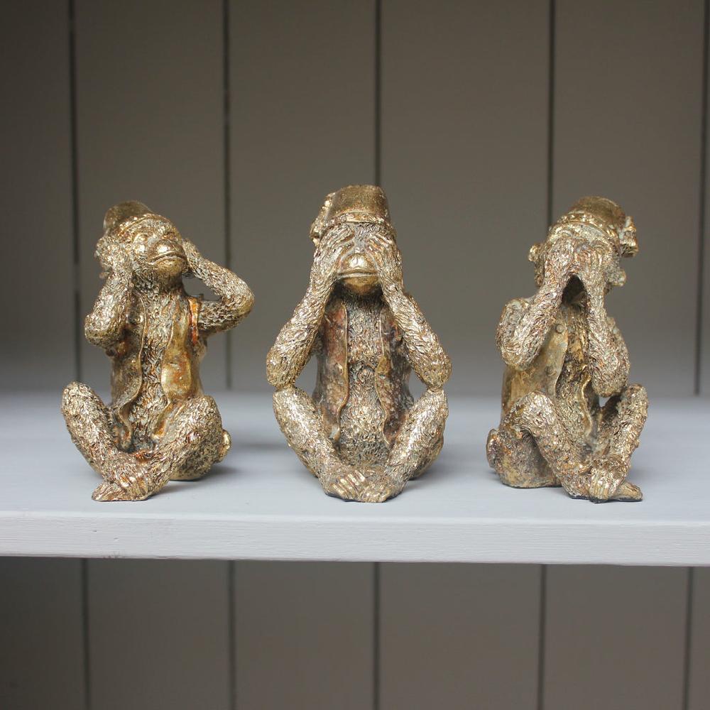 greige Set of Three Antiqued Gold No Evil Monkeys