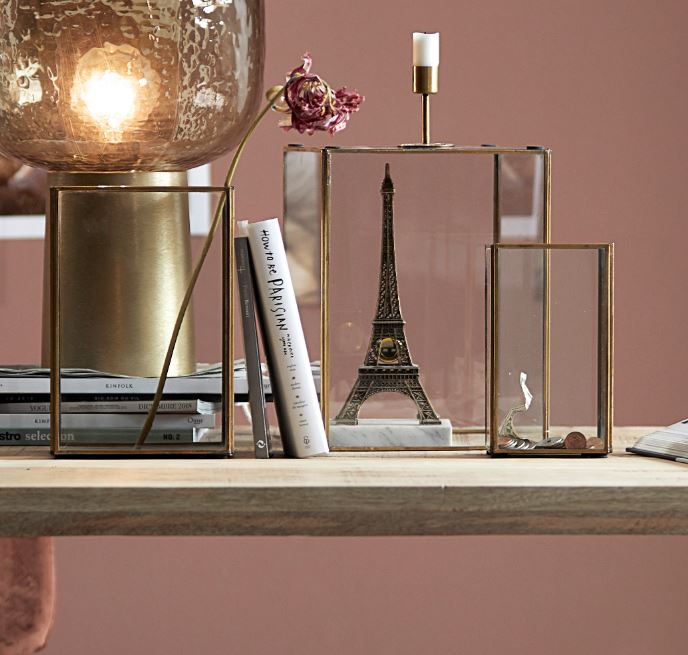 Greige Set Of Three Brass And Glass Box Lanterns