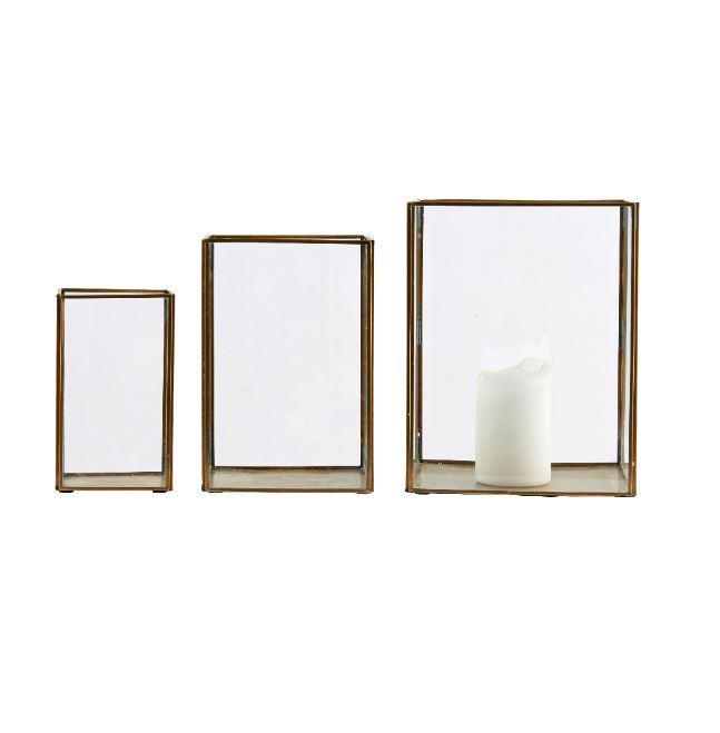 greige Set of Three Brass and Glass Box Lanterns