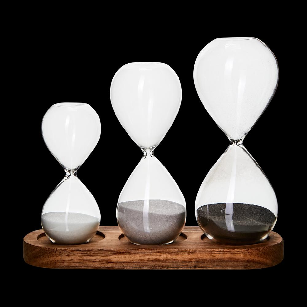 greige Set of Three Hourglasses on Wooden Stand