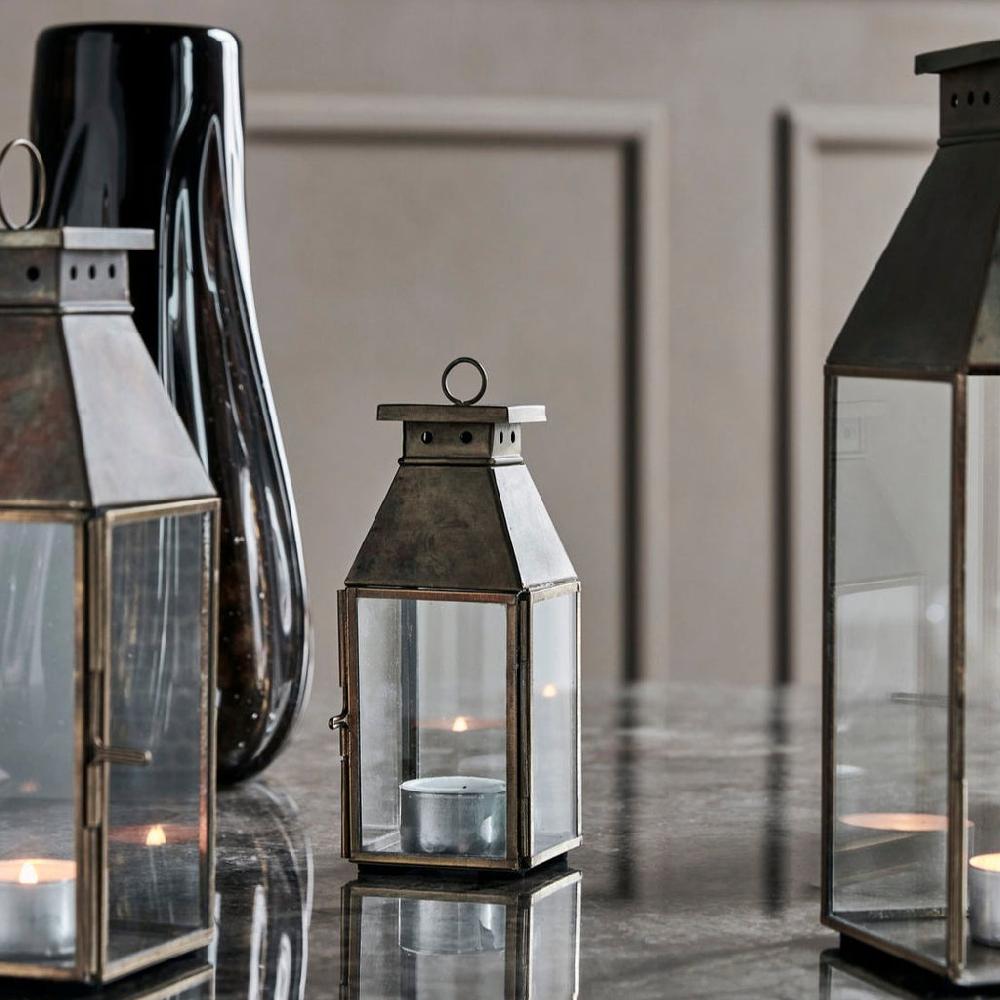 Greige Set Of Three Mini Antique Brass Lanterns