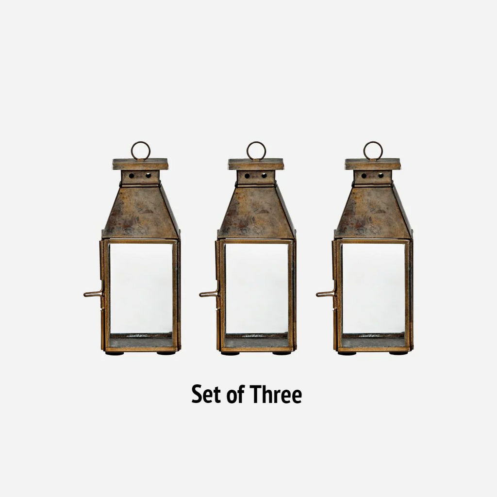 greige Set of Three Mini Antique Brass Lanterns