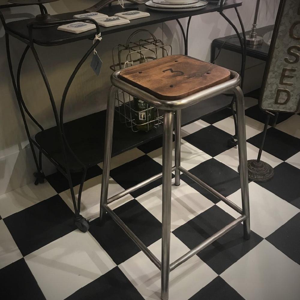 greige Set of Three Wood and Iron Stools