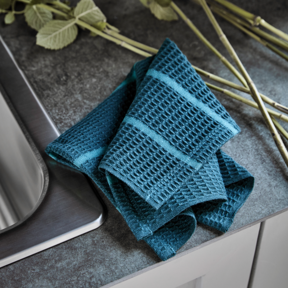 greige Set of Two Petrol Blue Waffle Dish Cloths
