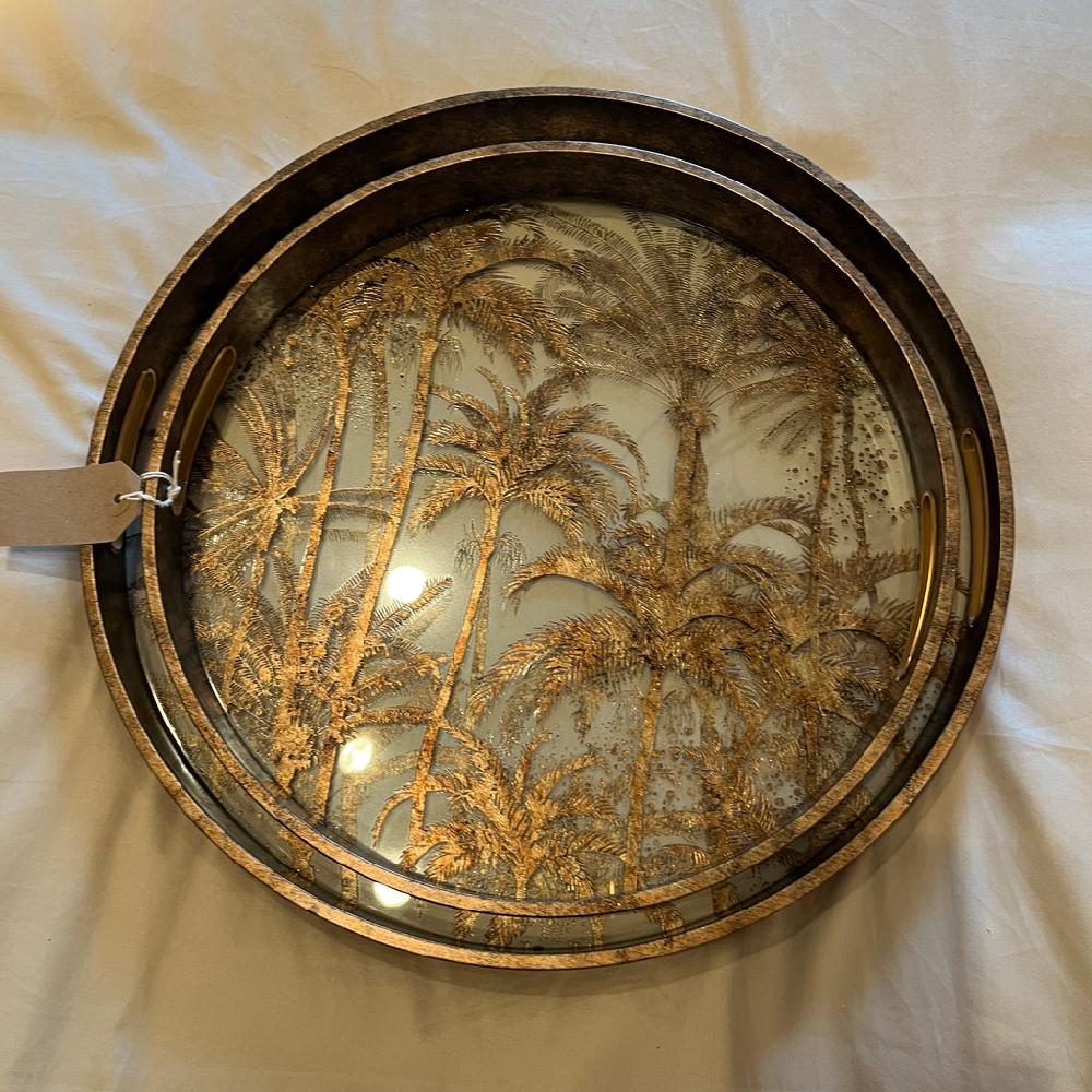 Greige Set Of Two Round Glass Palm Tree Trays