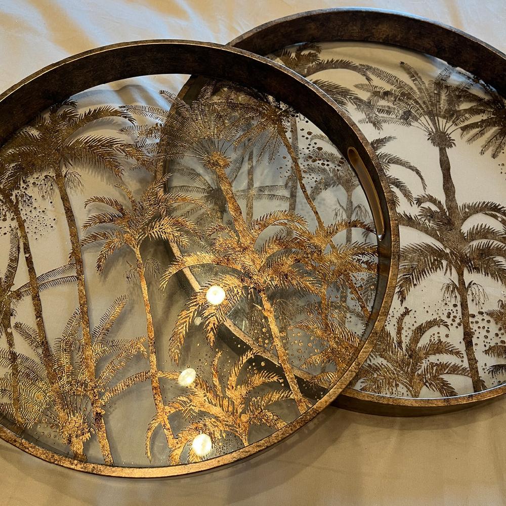Greige Set Of Two Round Glass Palm Tree Trays