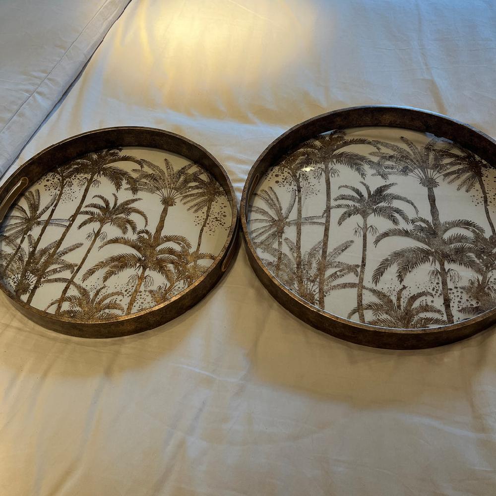 Greige Set Of Two Round Glass Palm Tree Trays
