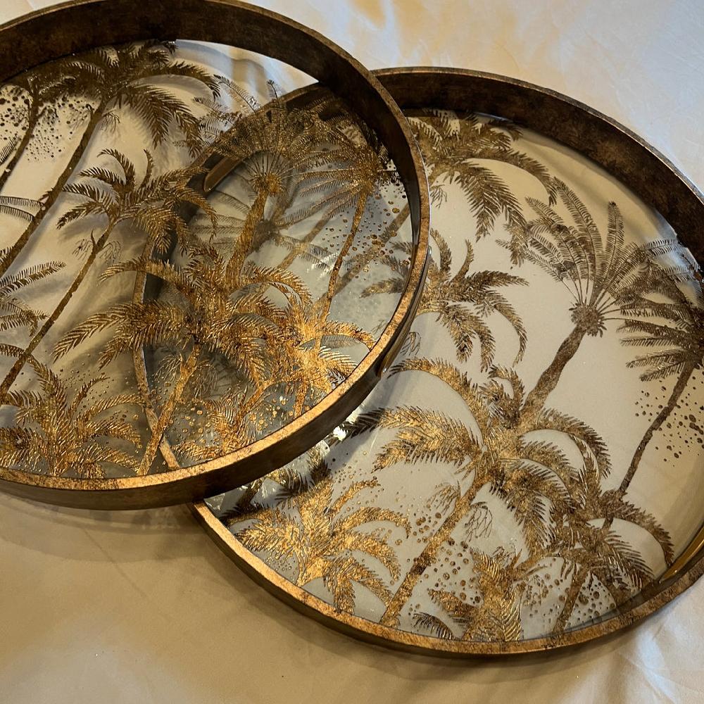 greige Set of Two Round Glass Palm Tree Trays