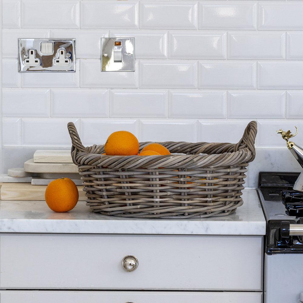 Greige Shallow Round Kubu Rattan Storage Basket