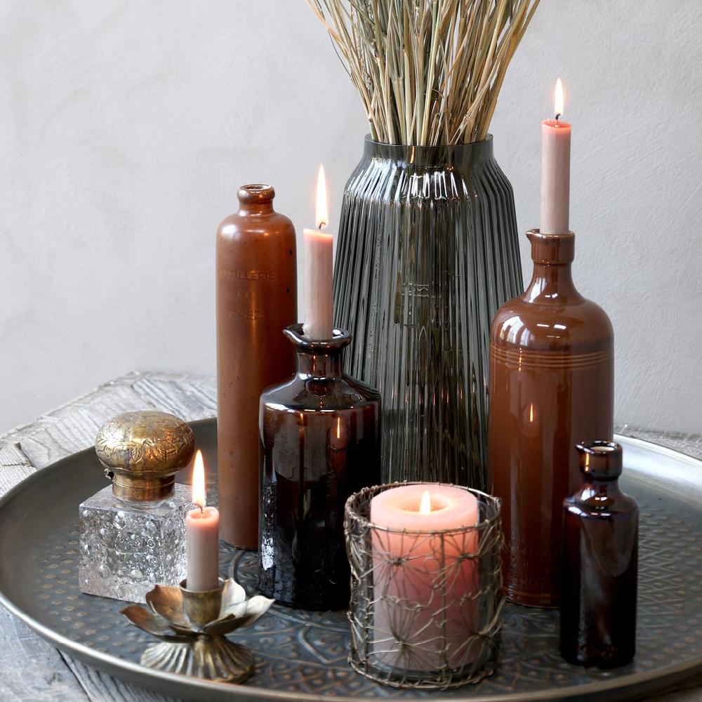 Greige Short Antique Brass Leaves Candle Holder