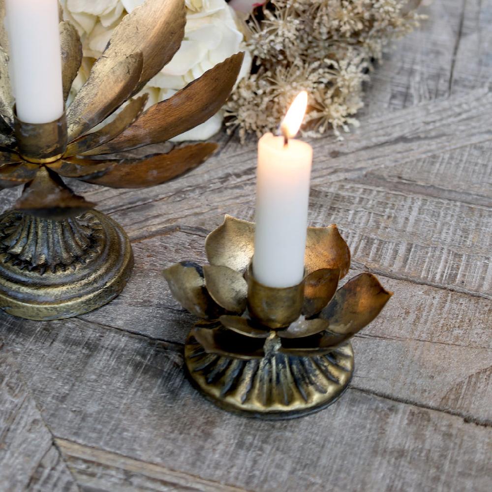 greige Short Antique Brass Leaves Candle Holder