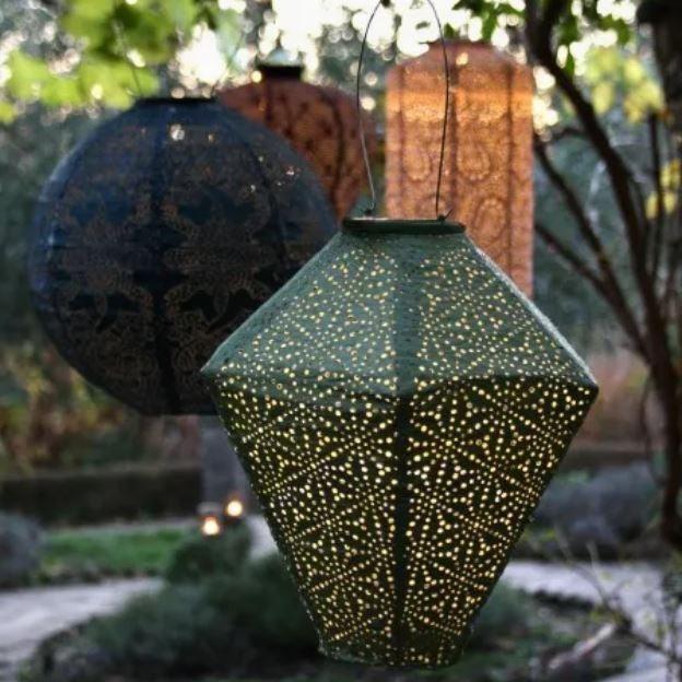 Greige Solar Lantern - Diamond - Green