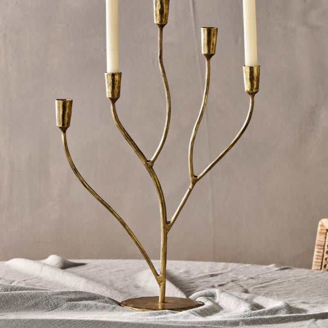 Greige Statement Five Arm Antique Brass Candelabra