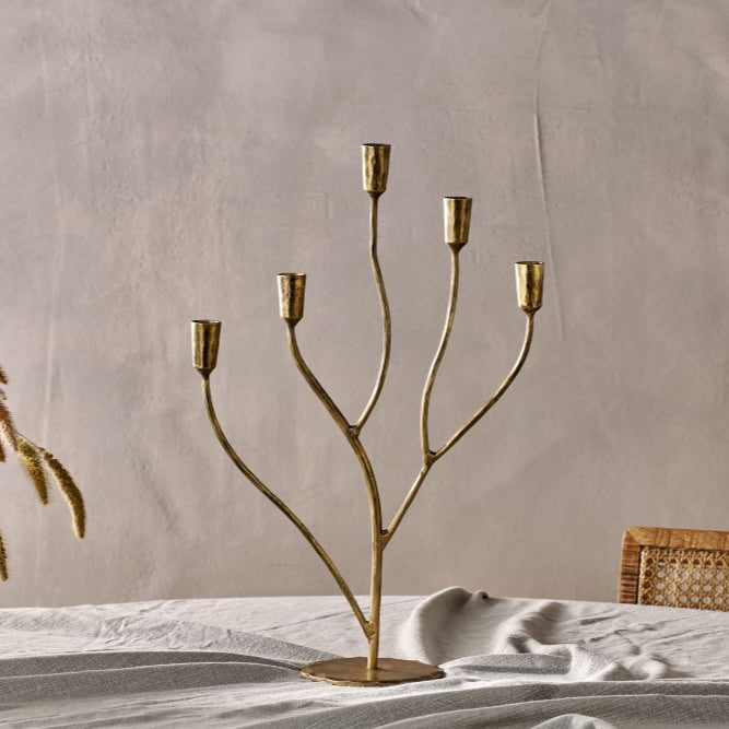 Greige Statement Five Arm Antique Brass Candelabra