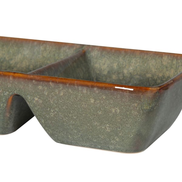Greige Stoneware Triple Nibbles Dish - Speckle Green