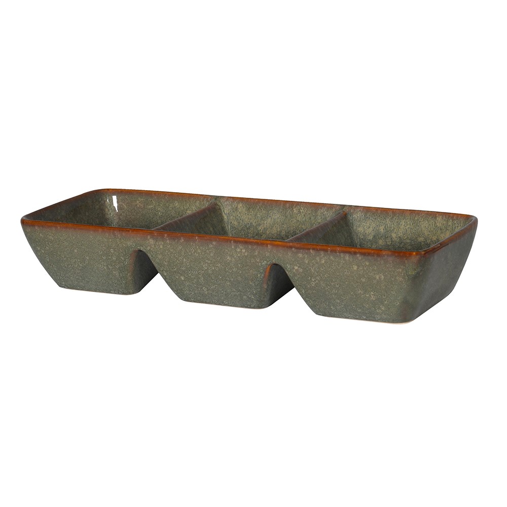 greige Stoneware Triple Nibbles Dish - Speckle Green