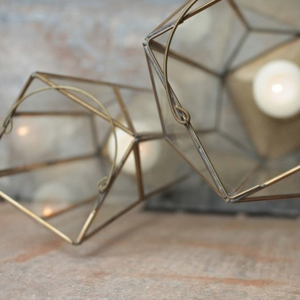 Greige Tall Antique Brass And Glass Lantern