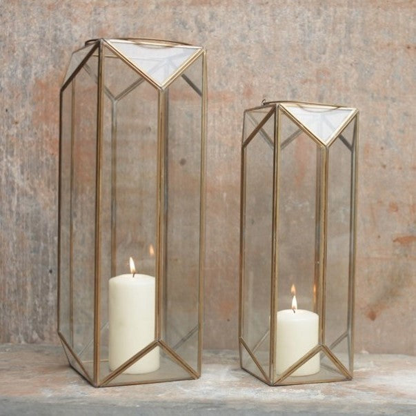 greige Tall Antique Brass and Glass Lantern