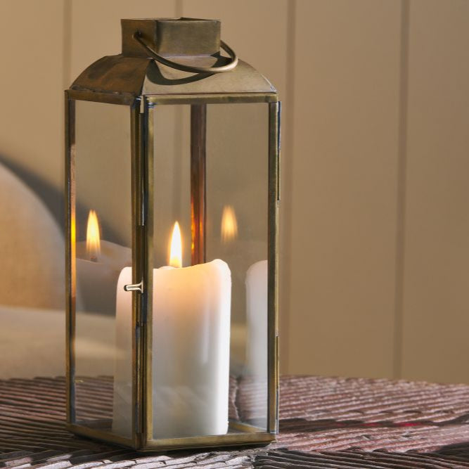 greige Tall Mini Antique Brass Lantern