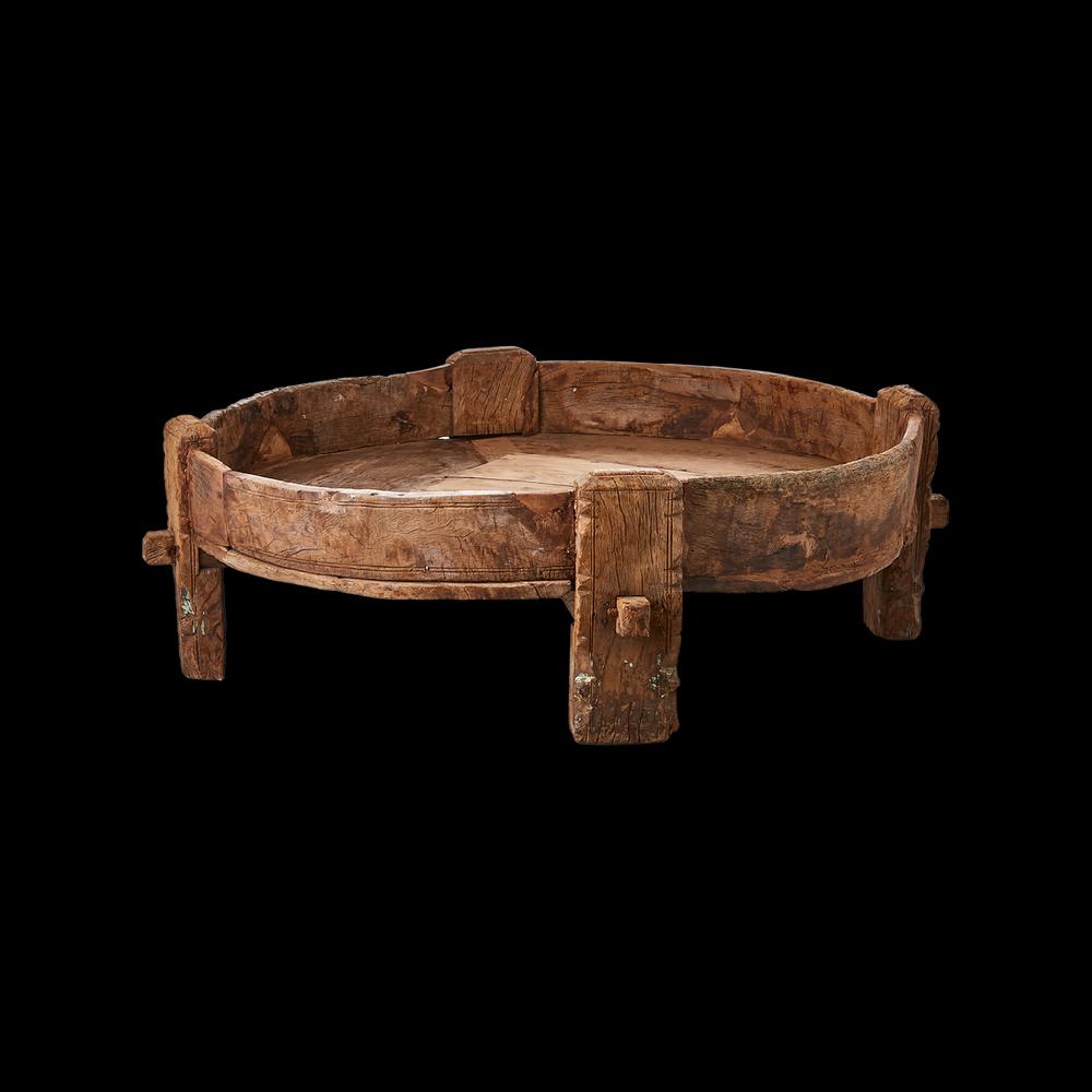 Greige Vintage Teak Round Tribal Table