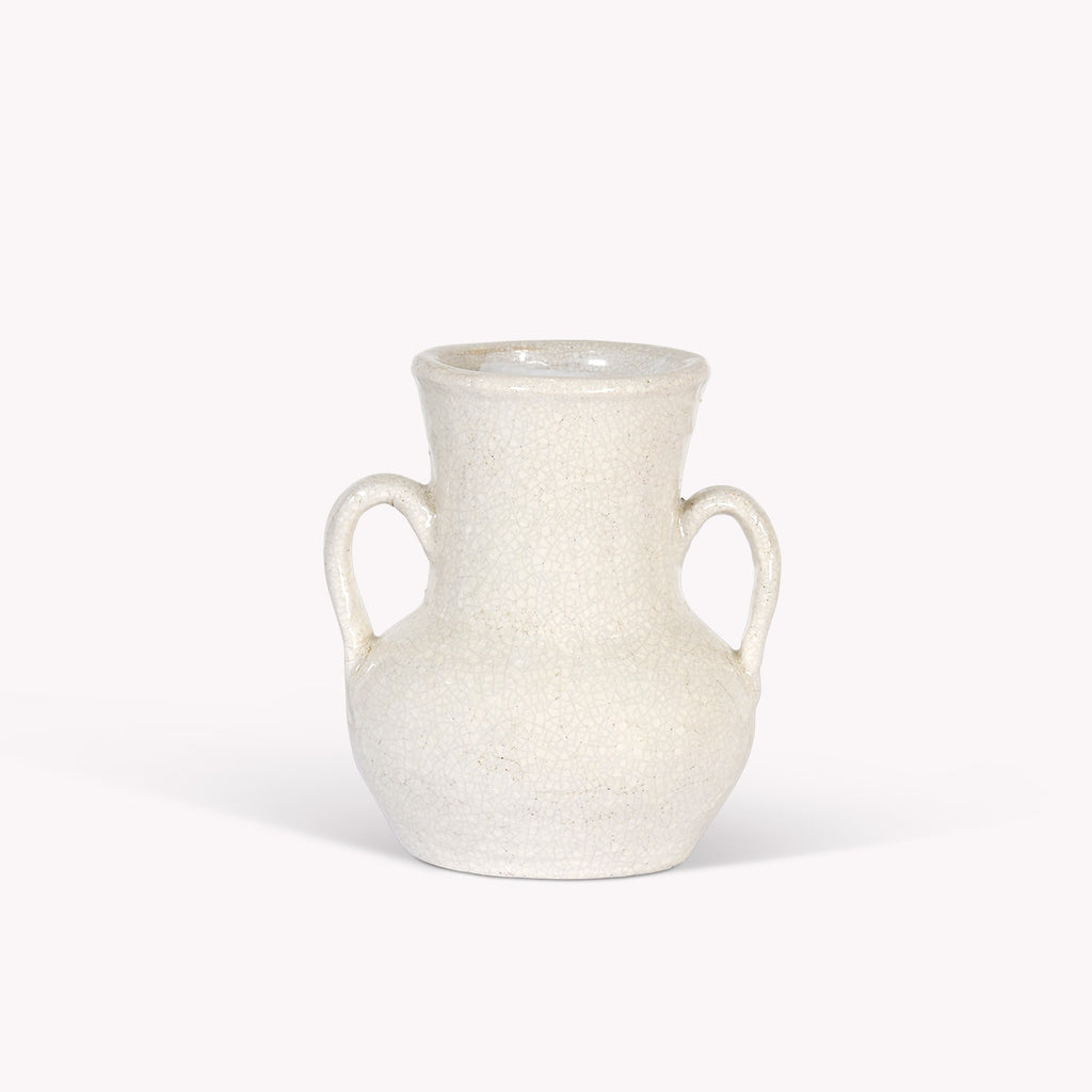 Greige White Crackle Glazed Vase With Handles