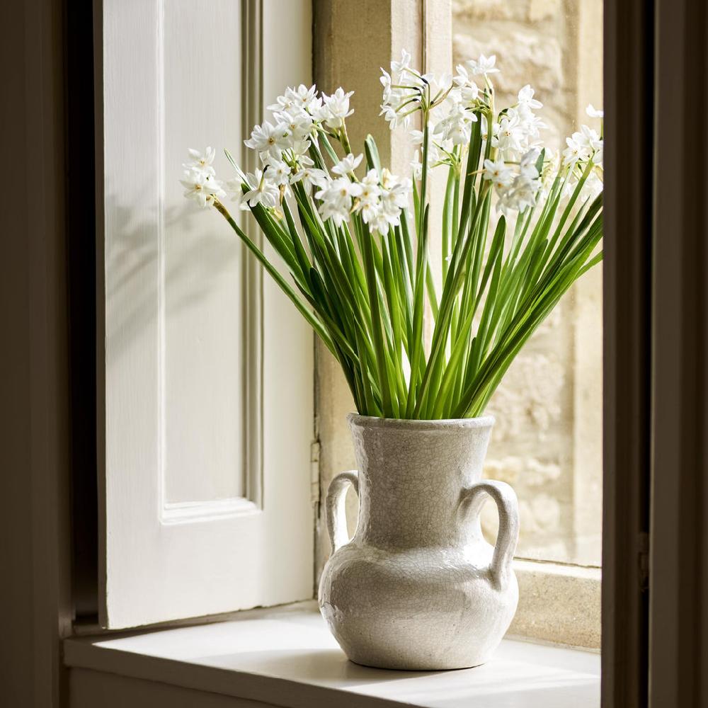 greige White Crackle Glazed Vase with Handles