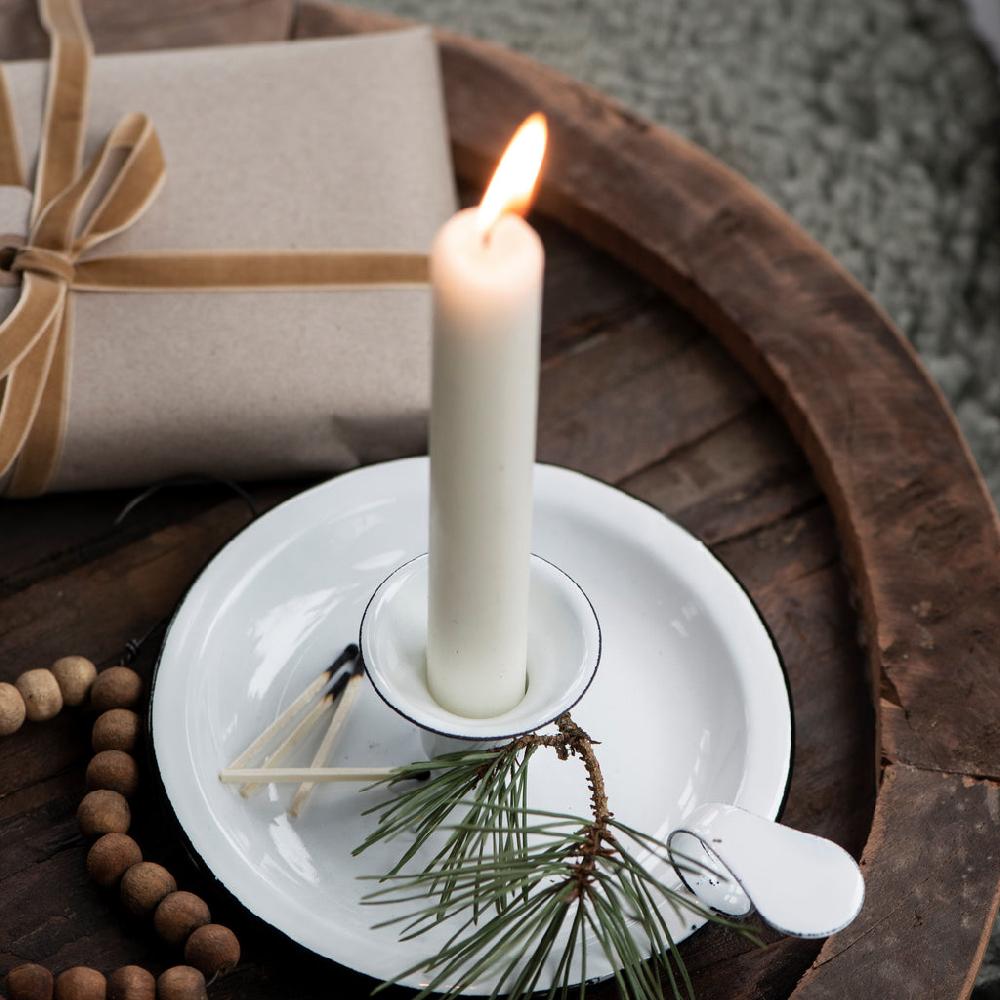 Greige White Enamel Chamberstick Candle-Holder