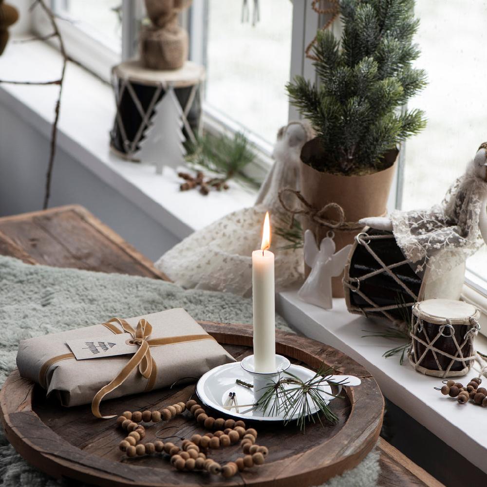 Greige White Enamel Chamberstick Candle-Holder